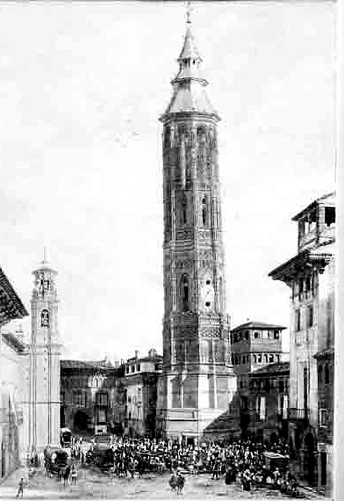 Grabado histórico de la Torre Nueva de Zaragoza en la plaza San Felipe antes de su derribo en 1892